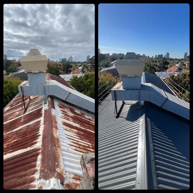 Before and after of a rusted roof replaced with new metal